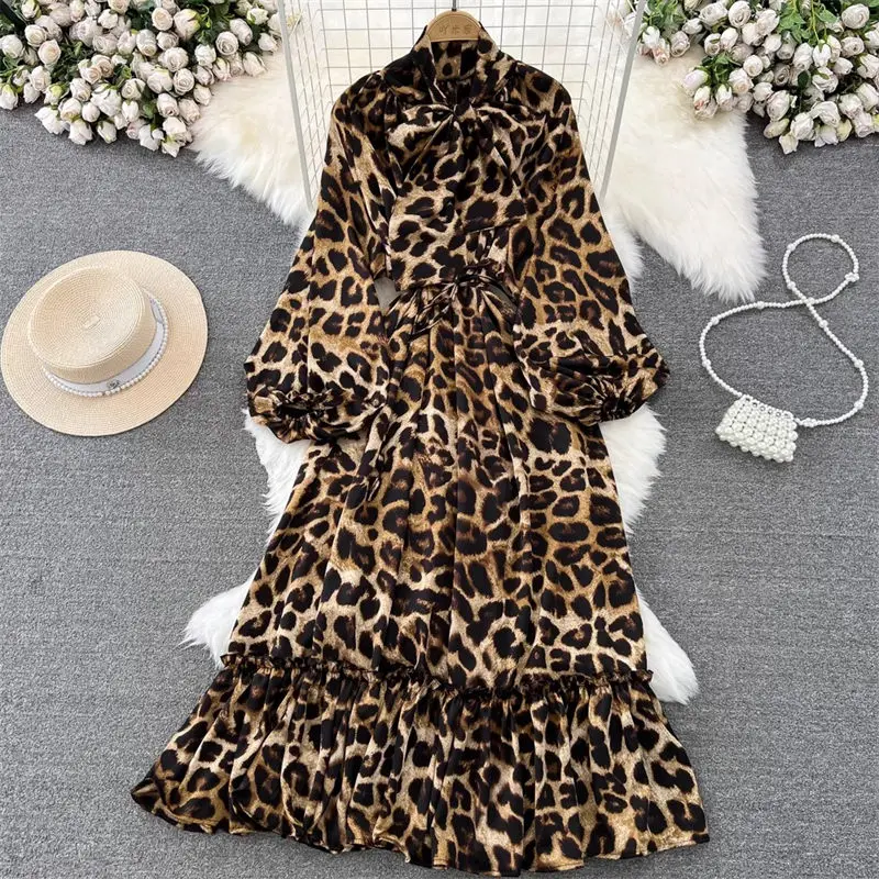 Light Mature Style Elegant Maxi Dress Women Retro Temperament Lantern Long Sleeve Bow Tie Waist Up A-Line Printed Dress Z2716