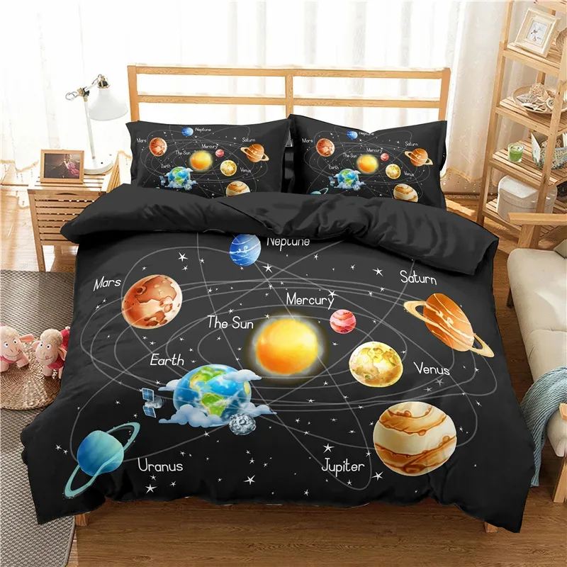 Single-sided Solar System Printed Comforter Bedding Sets, Comfortable Bedspreads, Duvet, King Bedding, Birthday Gift, 3Pcs