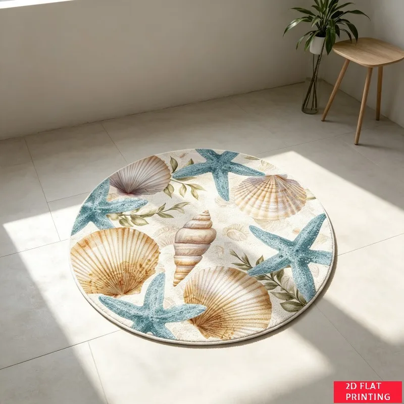 Coastal Blue Seashell Starfish Ocean Theme Round Carpet For Beach House Bathroom Featuring Nautical Marine Life Carpet Art