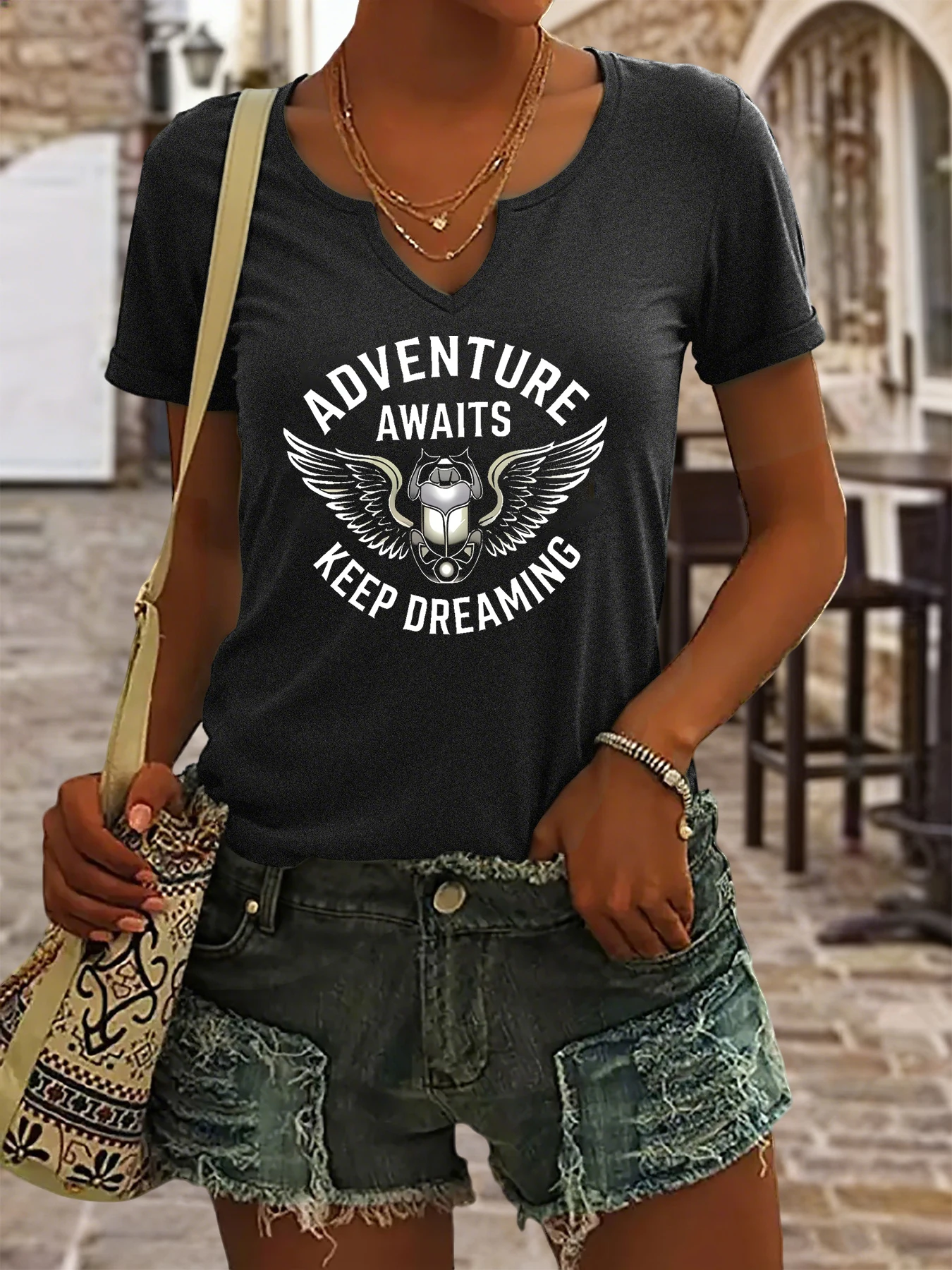 Women's Summer V-Neck Short Sleeve T-Shirt, Adventure Awaits Winged Beetle Print, Keep Dreaming Travel Casual Fashion Top