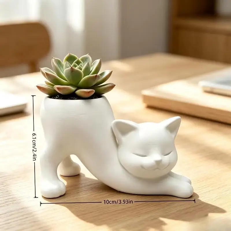 Funny Cat Shape Flower Pot Cute Cartoon Animal Planter Plastic Cactus Pot Decorative Plant Container For Home Desktop Decor