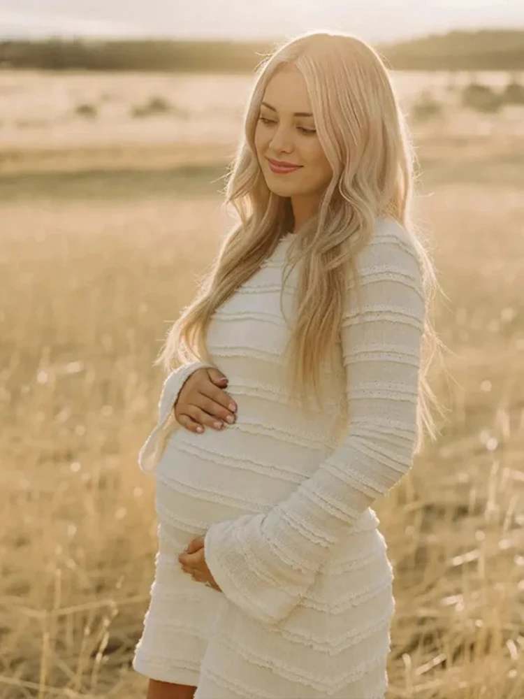 

Белое платье для беременных с длинными рукавами для фотосессии, мягкое мини-платье с рюшами для уличной съемки, наряд для детского душа