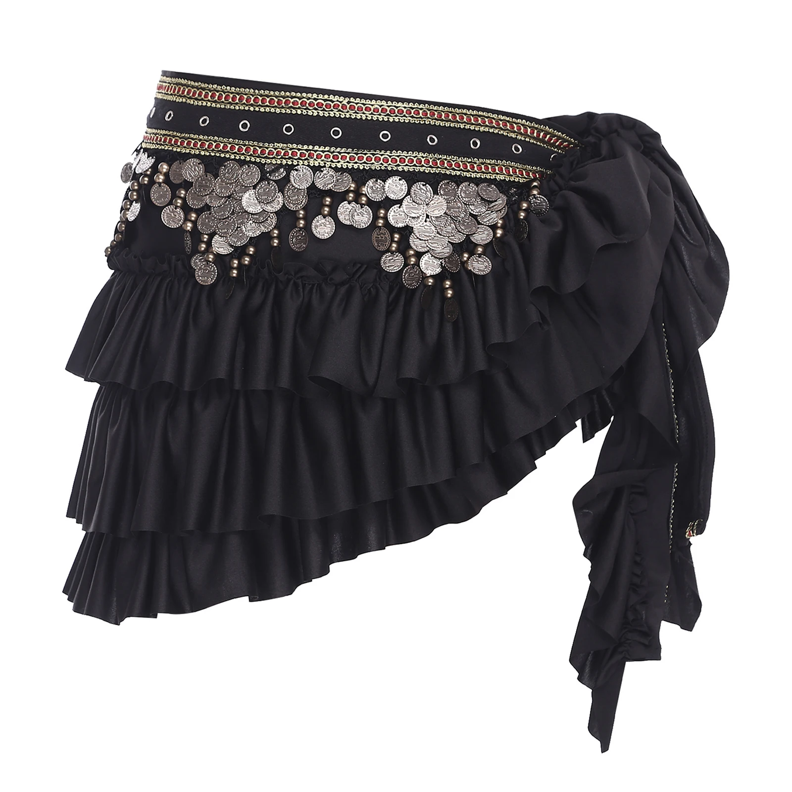 Women Oriental Belly Dance Hip Scarf Skirt Retro Sequin Waist Chain Ruffled Lace-up Skirts Tribal India Dancing Practice Costume