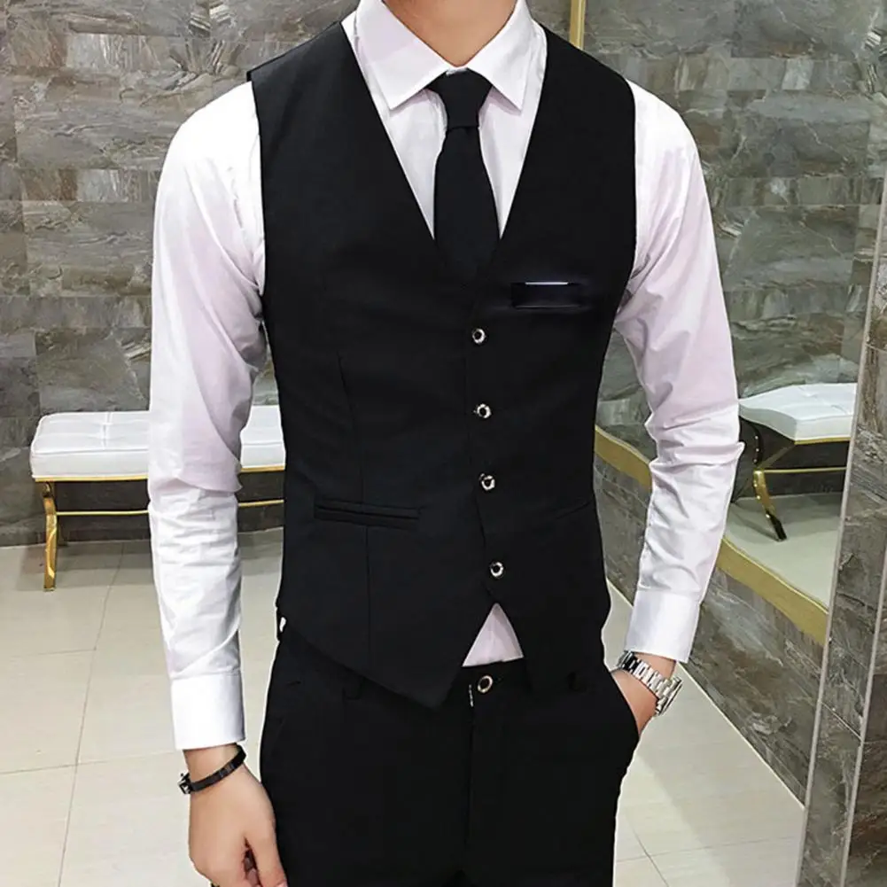 Fake Pockets Waistcoat Elegant Men's V-neck Suit Vest for Formal Business Attire Slim Fit Single-breasted for Groom for Any