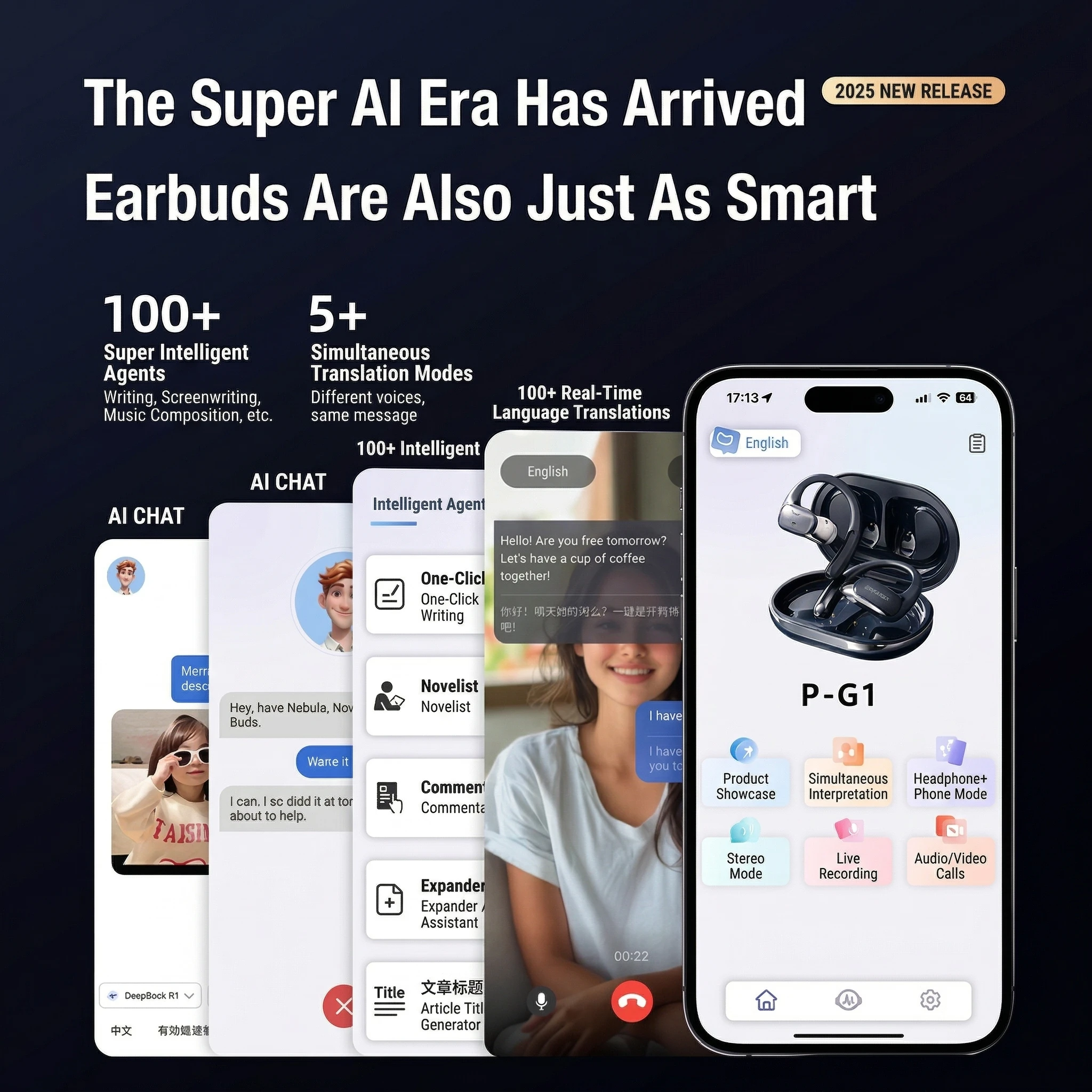 Monoise P-G1 AI Voice Assistant Earbuds Open Ear Wireless Bluetooth Earphones ChatGPT Real-Time Translation 80H Long Battery