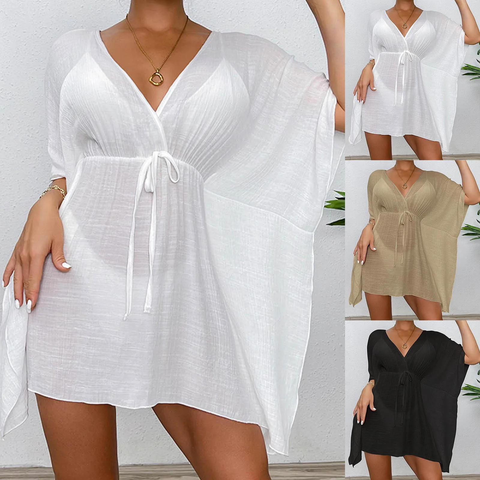 Women’s Bathing Suit Cover Up For Beach 2024 Summer New Fashion Loose Solid Colour Waisted Tie Bikini Beach Cover Ups Dress