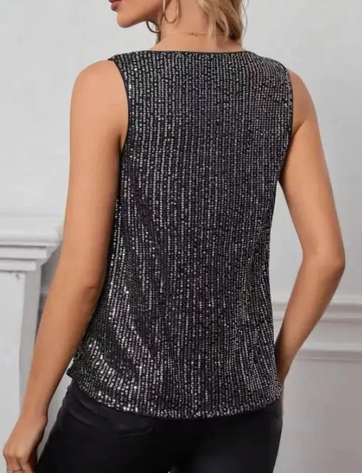 新しい人気の女性用エレガントなノースリーブトップ、Vネック、ストラップレスデザイン、スパンコール、ゆったりとしたディテールブラウス