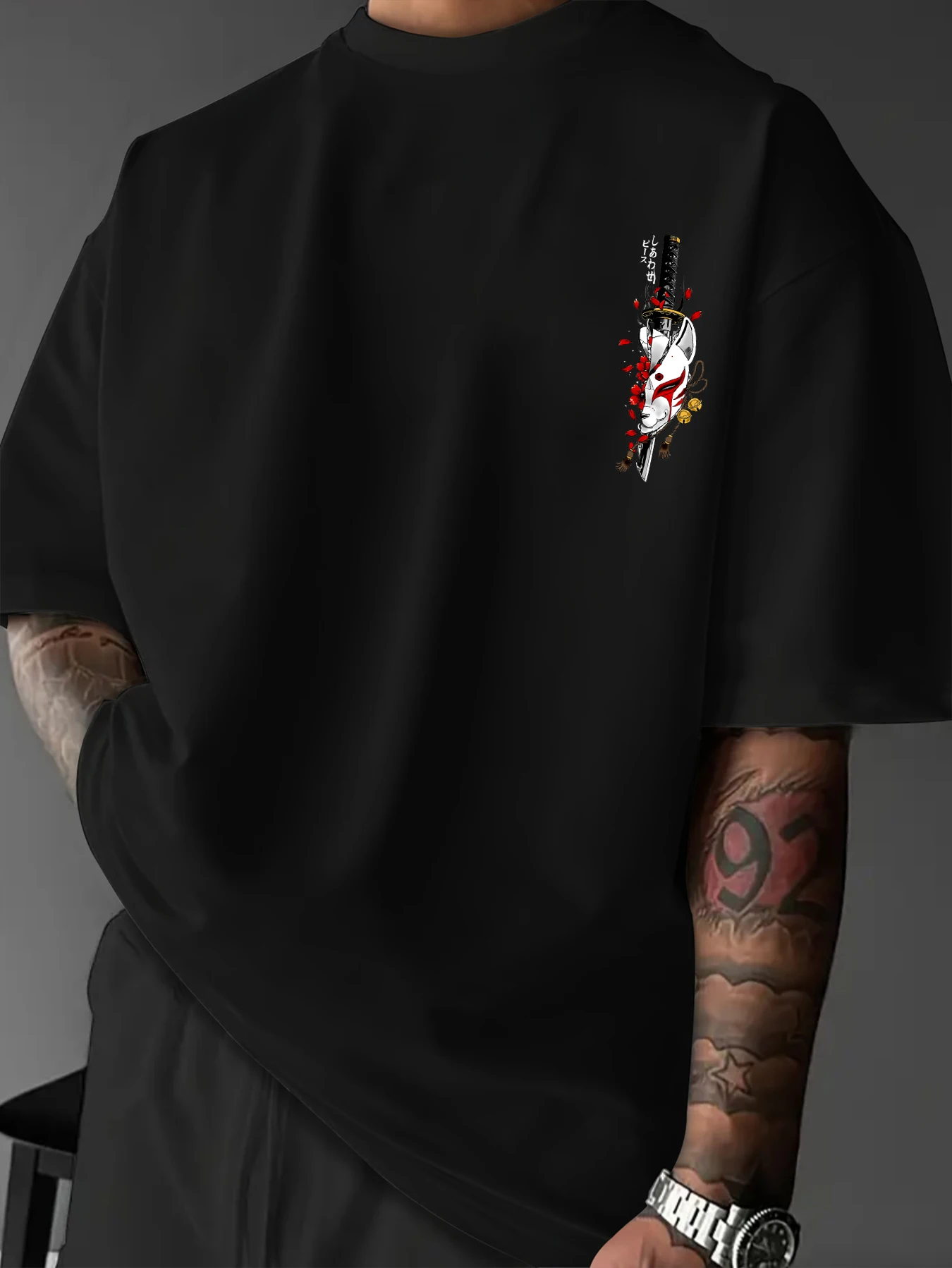Printed T-shirt for Men New Summer Fashion Japanese Koi Fox Mask Katana Cherry Blossom Printed Tee Machine Washable S-XXL