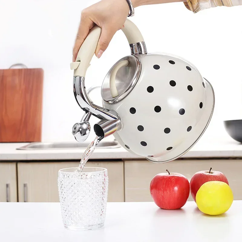 Boil Water Kettle Whistle Stainless Steel Hemispherical Beep White Handle Dots Pot Induction Cooker Gas Home Kitchen Supplies