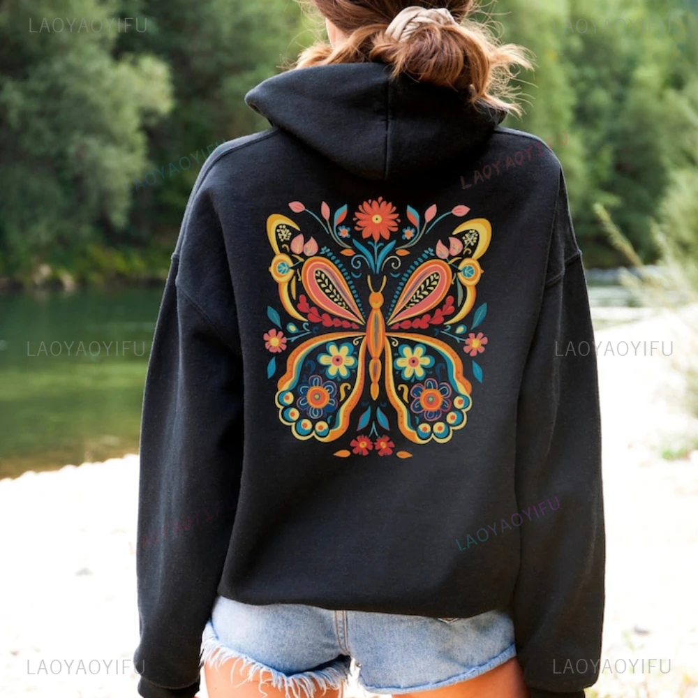 Butterfly Hoodie Gift Butterfly Lover Sweatshirt Botanical Aesthetic Retro Backprint Sweater Fashion Floral Butterfly Sweatshirt