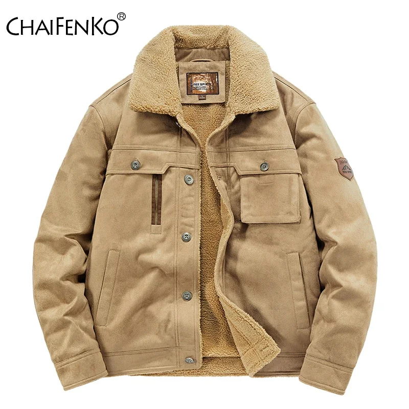 Winter Man Keep Warm Coats Fleece Thickening Multiple Pockets Cotton Clothes New Solid Retro Style Flip Collar Flight Jacket