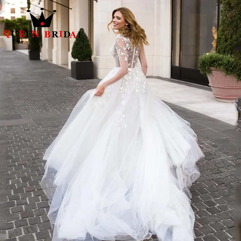 Boho manga longa rendas apliques vestido de casamento tule elegante uma linha botão 2023 novos vestidos de noiva robes de mariée personalizado m24q