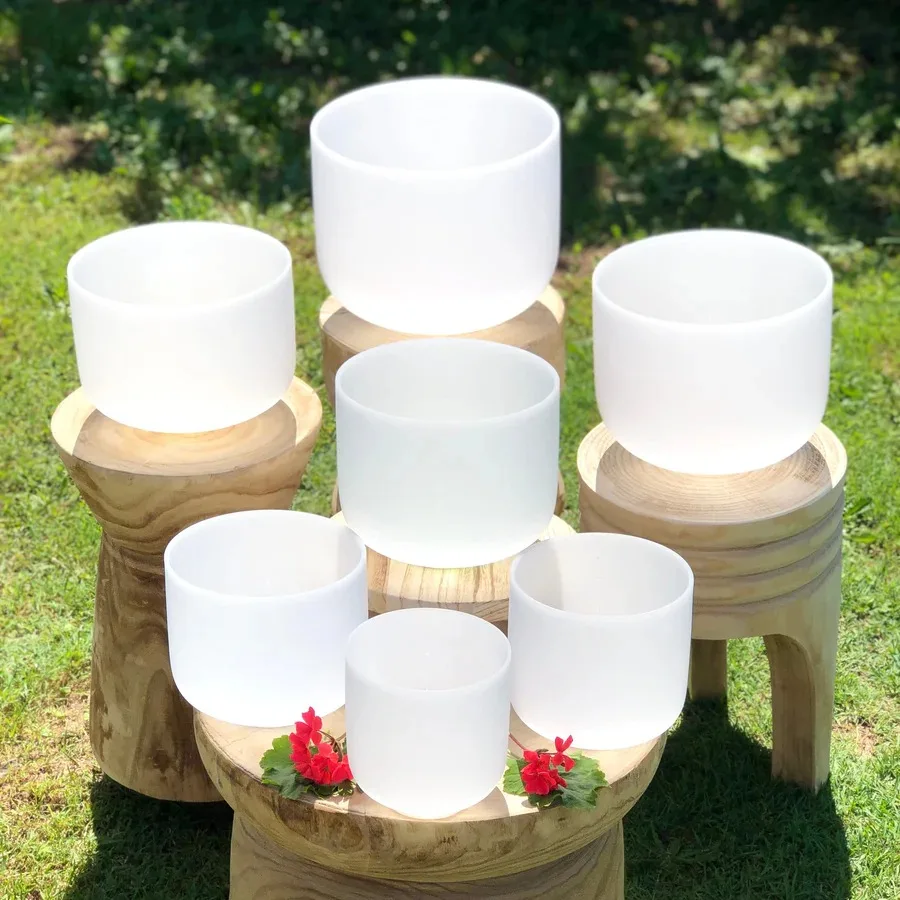 Crystal Soul 432Hz 7-13 inch White Frosted Crystal Singing Bowl Set 7 pcs with Bag and Accessories