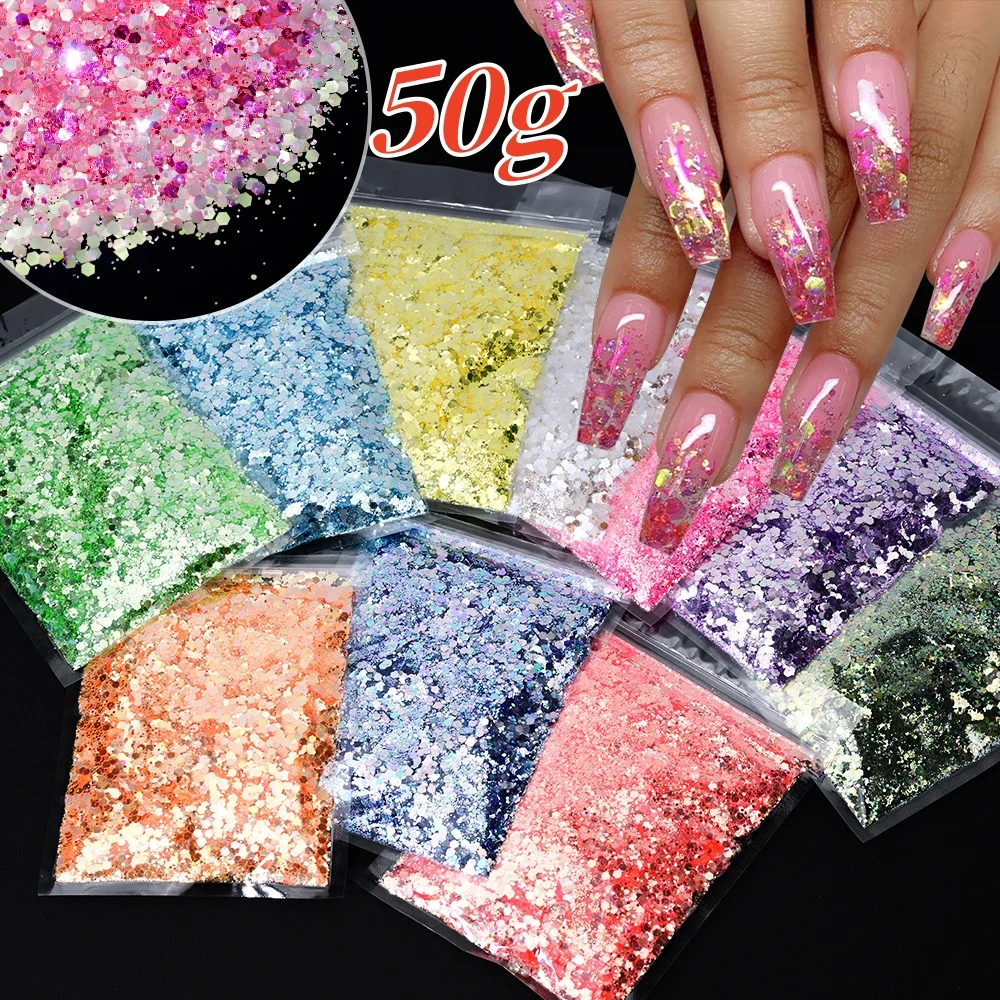 50g Iridescent Hexagon Nail Art Glitter Holographic Colorful Sparkly Flakes Nail Crafts Epoxy Resin Fillers for DIY Nail Supply*