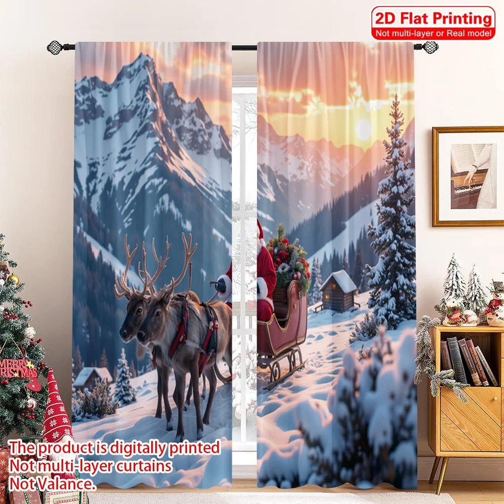 2pcs 2D flat printing Christmas Window Curtains Santa Sleigh Snowy Village Sunset 100% Polyester Without Electricity 0 Perfect