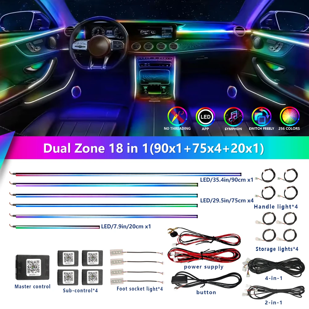 

10/14/18 в 1 светодиодные автомобильные окружающие освещение 213 64 цвета RGB Symphony Streamer Bluetooth Радужные акриловые полосы Комплект атмосферных ламп 12 В
