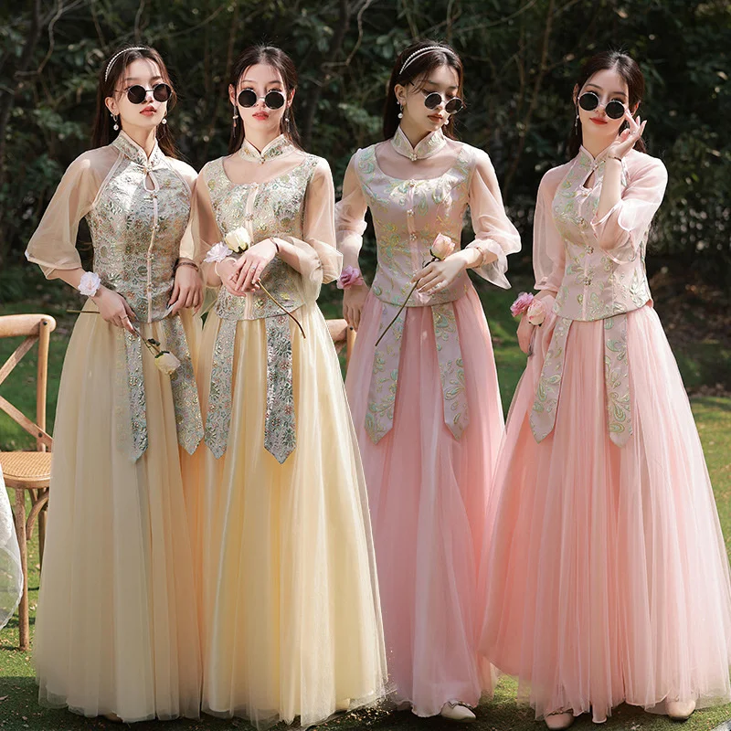 Vintage Button Bridesmaid Wedidng Dress New Chinese Style Cheongsam Vestidso Women Elegant Collar Embroidered Cheongsams