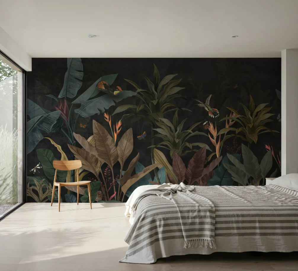 Customized Size Mural Rainforest Plant Landscape Tropical Leaf Wallpaper Decorative Paintings in Dark Green, Brown, and Blue