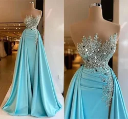 New Evening Dress Satin prom Dress Sky Blue Performance Banquet Party Formal Occasion Wedding Customization