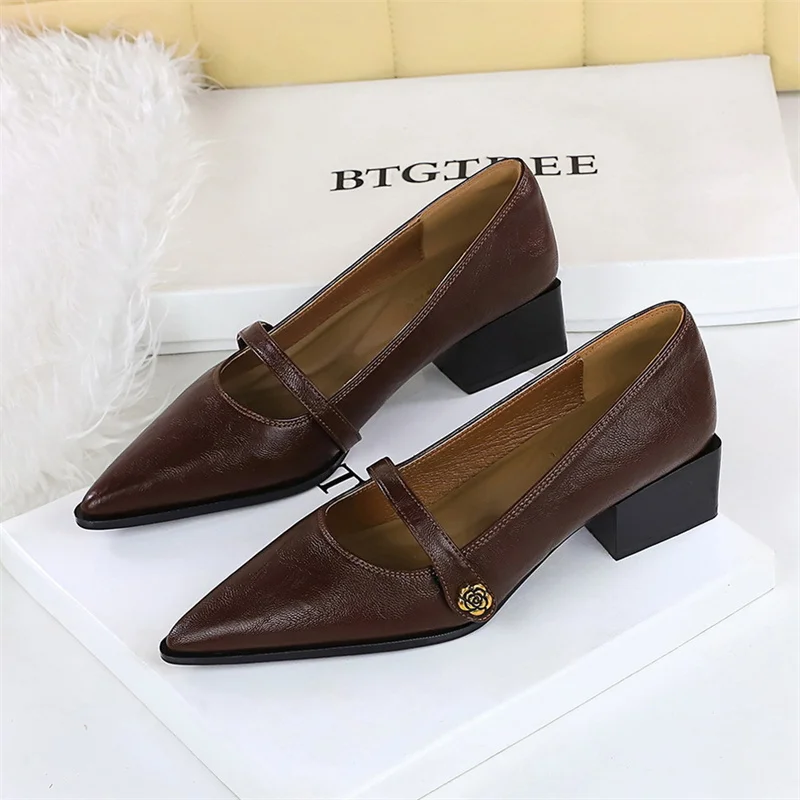 

European American Retro Mary Thick Heel Shallow Mouth Pointed Camellia One-Button Temperament Low Heel Comfortable Commuting