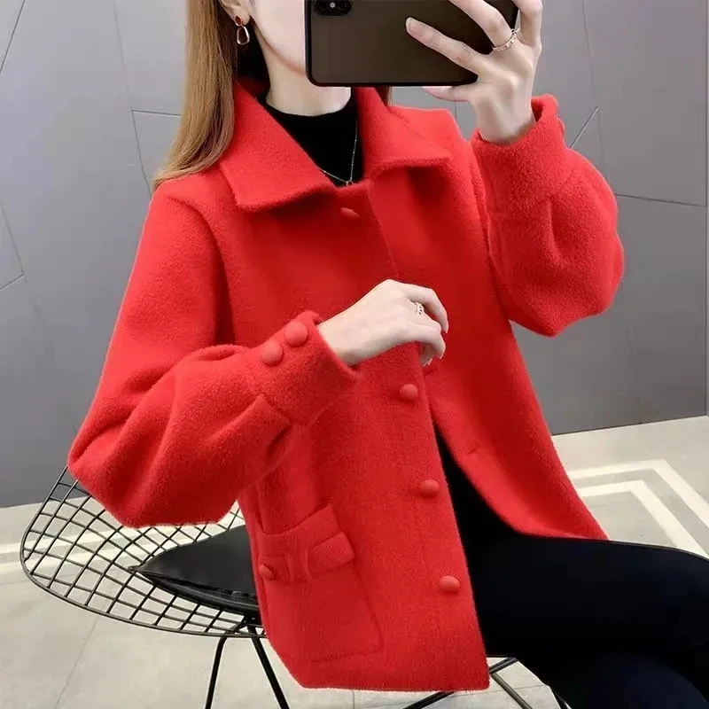 Fashion Short Woolen Coat Women Spring Autum Wool Coats Female Jacket Korean Loose Knit Cardigan Button Pocket Women Winter Top