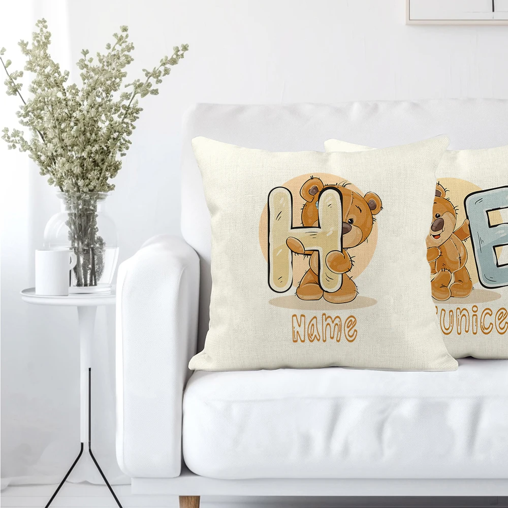 Taie d'oreiller personnalisée avec nom pour enfants, taie d'oreiller alphabet et ours, housse de coussin décorative pour canapé, cadeaux d'anniversaire et de douche, housse anti-poussière