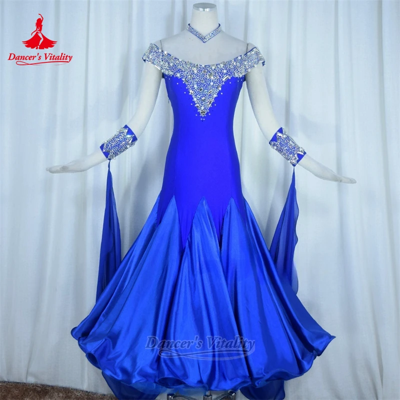 Ballroom Dance Dew Shoulder AB Stones Dresses with Necklace Custom Adult Female Waltz Tango Perform Clothing Dancer's Vitality
