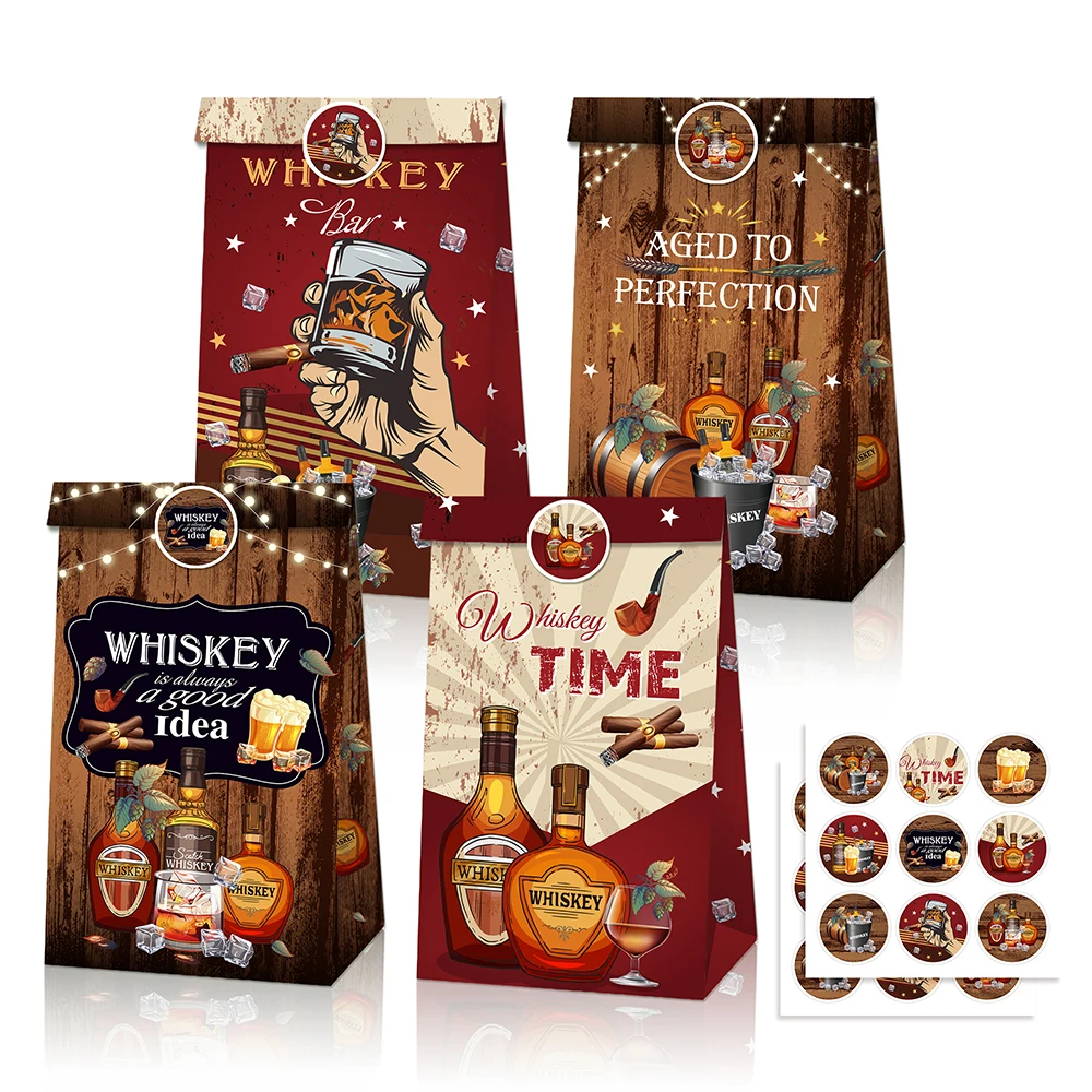 

LB162 12pcs Cool Whiskey Wine Carnival Birthday Party Paper Gift Bags with Stickers Wedding Cookies Decorations Party Kraft Bags