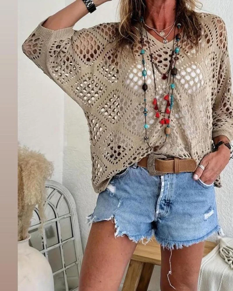 

New Fashion 2025 Sexy Elegant T-Shirt Pullover Tops V Neck Hollow Out Knit Cover Up Casual Batwing Sleeve Business Top Womens