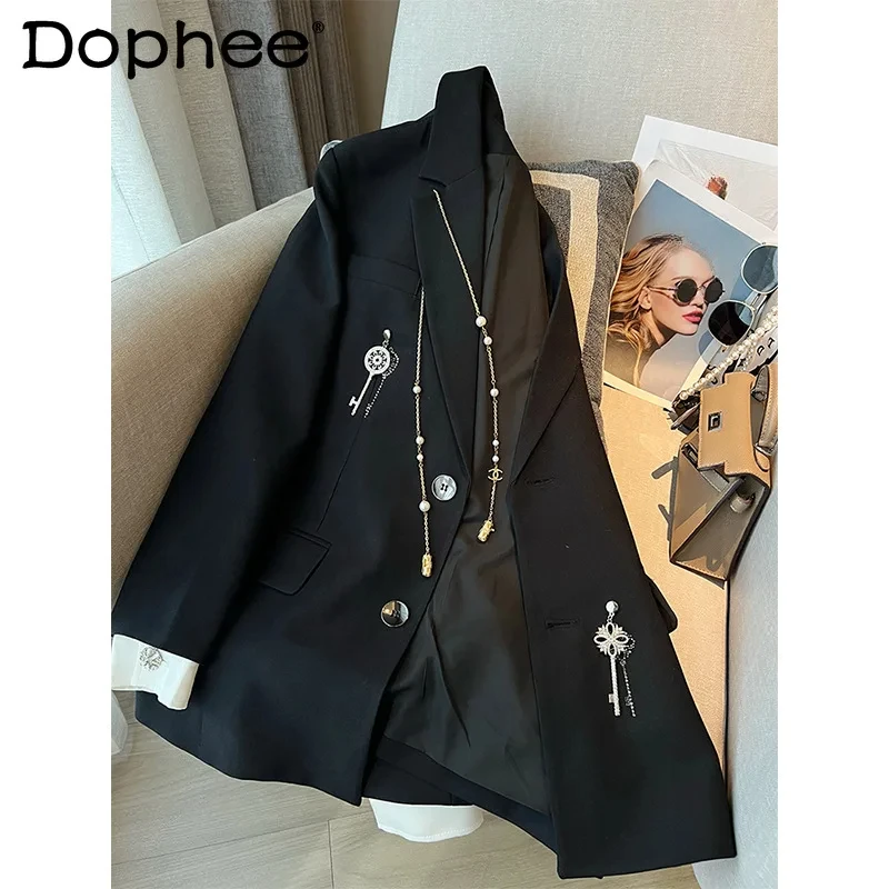 2023 Autumn New High-Grade Black Suit Jacket Women Color Contrast Patchwork Drill Buckle Decorative Key Design Small Blazer Coat