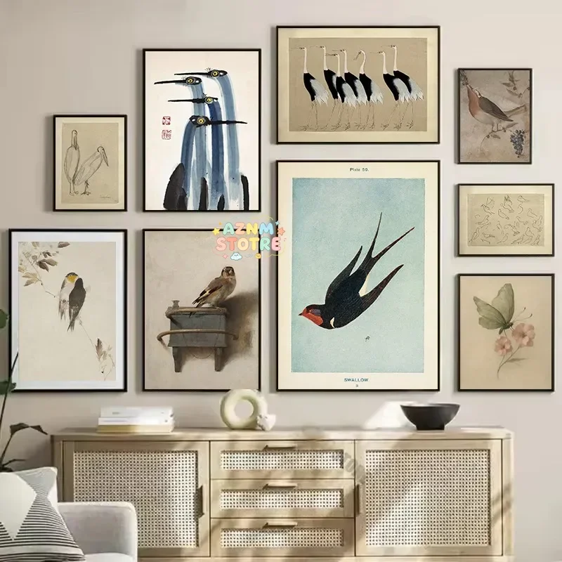 Vintage Birds Crane Swallow Japanese Art Antique Line Minimalist Sketch Poster Canvas Painting Wall Art Pictures Home Decor