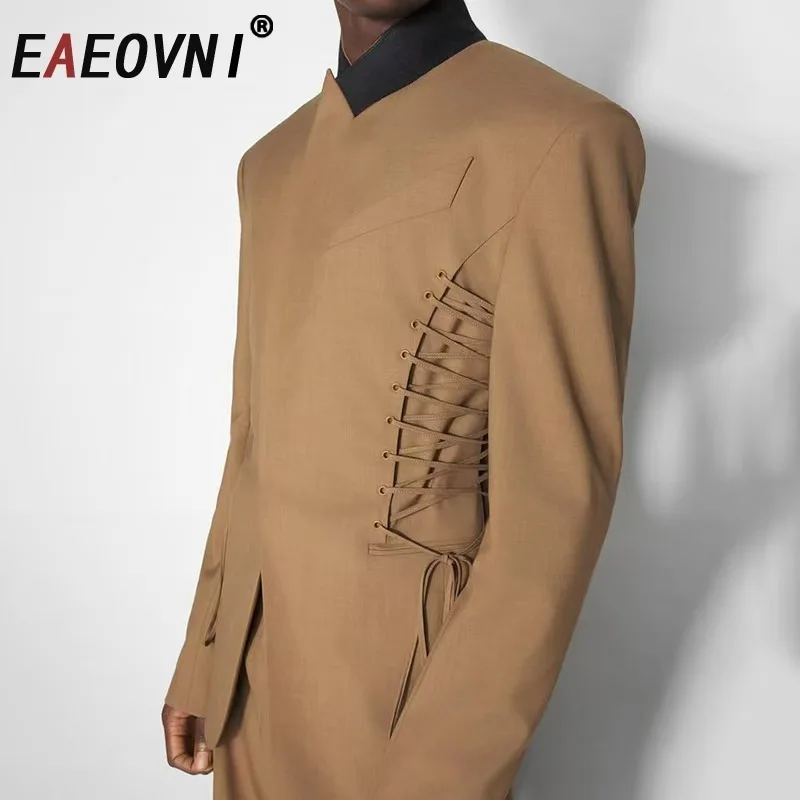 

EAEOVNI модный дизайнерский пиджак, женский однотонный пиджак с v-образным вырезом на шнуровке и завязками, уличная одежда, новинка 2023 года