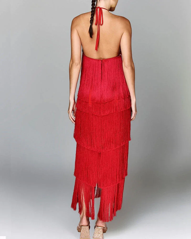 Damen Neckholder-Kleid mit Fransen, Rückenausschnitt und Schlitz, Geburtstagskleid, Abendkleid, Partykleid, Date-Night-Kleid, Elegantes Sexy Langes Kleid, Abendgarderobe – Detail 4