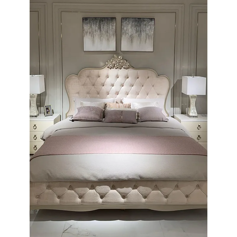 French rococo light luxury court style wood carving flower bed villa romantic princess bed master bedroom fabric double wedding