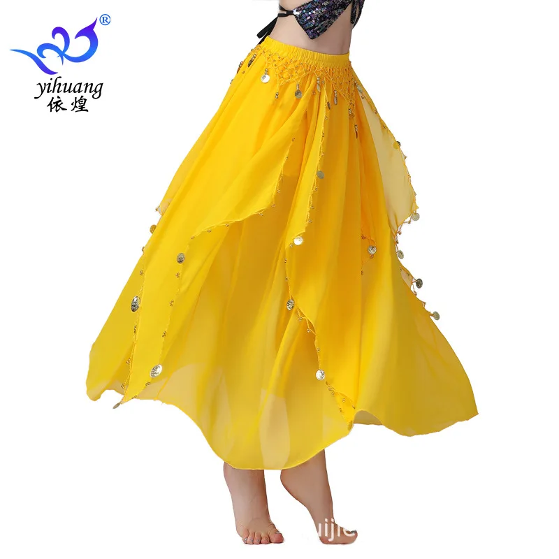 Belly Dance Chiffon Skirt Hanging Coin Skirt Performance Dress Half Body Skirt Indian Dance Skirt Stage Dress Big Swing Skirt