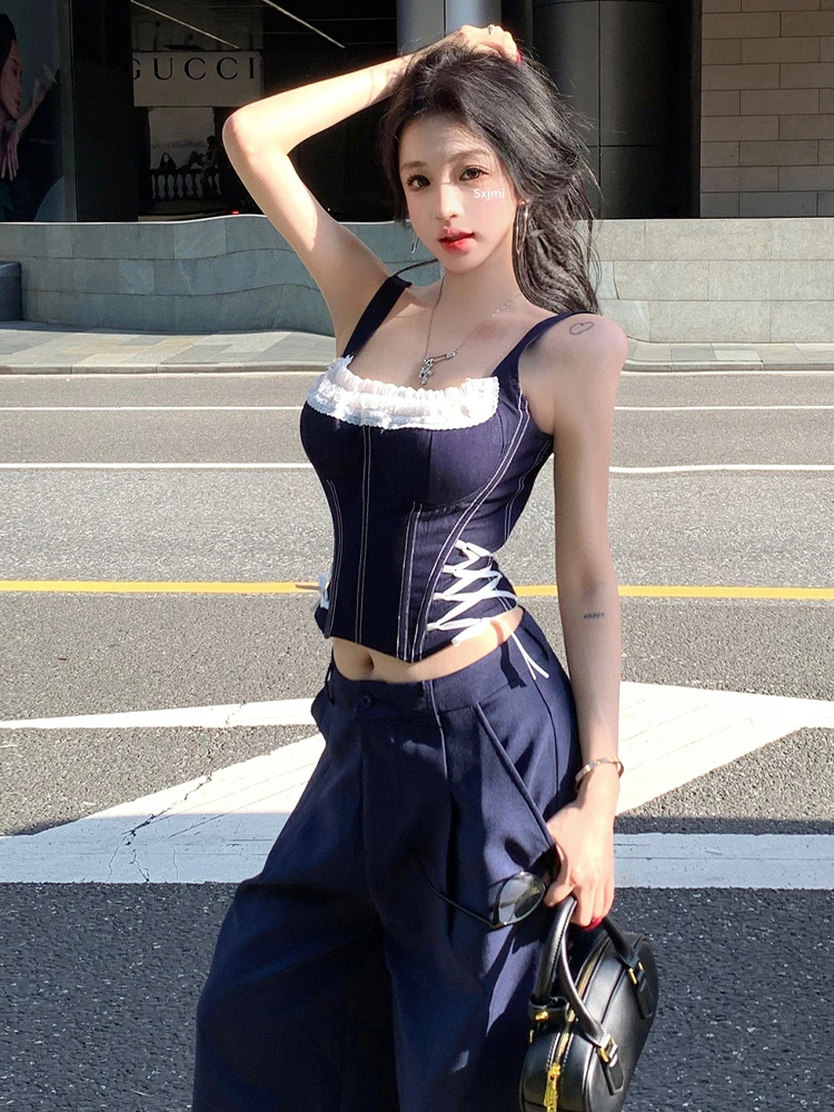Sweet Spicy Girl Retro Denim Lace Patchwork Fishbone Tie Waist Halter Top Casual Wide Leg Pants Set Women's Fashion Ensemble