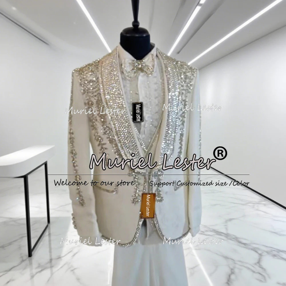 

Metallic Jewelry Stones Suits Men For Wedding Italian Design Sparkly Sequisn Lapel Prom Tuxedos Customized Man Banquet Blazers