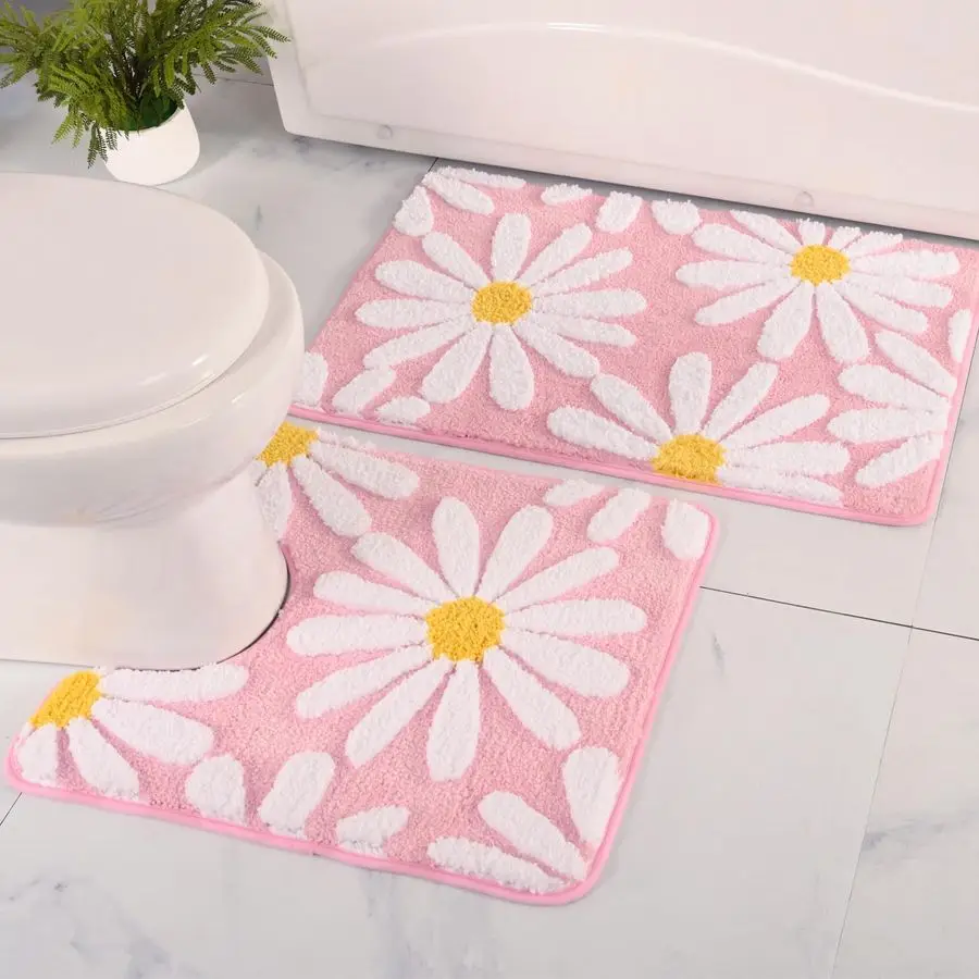 

Bathroom Rugs Sets 2 Piece Cute Daisy Bath Mat Pink Toilet Rug U Shaped, Flower Deocr Bathroom Set Non Slip Contour Bathmat, Sup