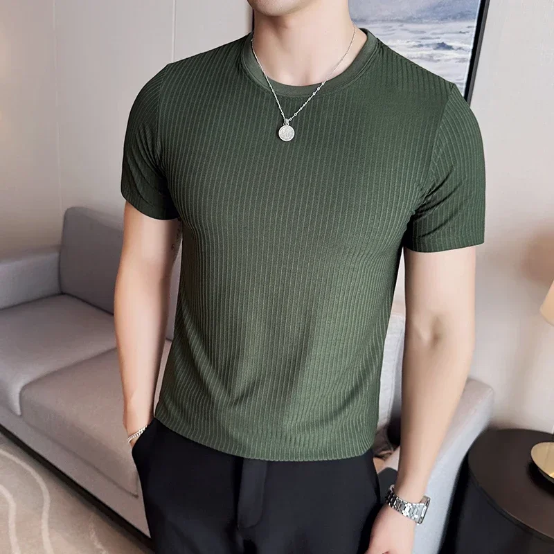 Men Striped T-shirt 2024 Summer Thin Ice Silk Solid Casual Elastic Slim Fit Round Neck Knitted T-shirt Harajuku Men Clothing