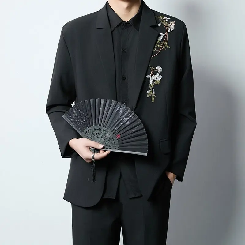 

Новый мужской костюм в китайском стиле с вышивкой чайной розы, элегантный свадебный наряд, корейская версия, пиджак с отложным воротником, западный костюм