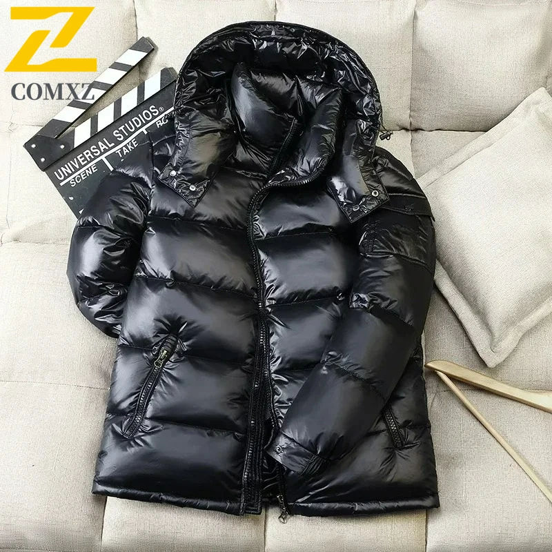 

COMXZ ветрозащитные лыжные пуховые пальто мужские зимние трендовые блестящие толстые теплые пуховики повседневные белые пуховики с капюшоном водонепроницаемая парка