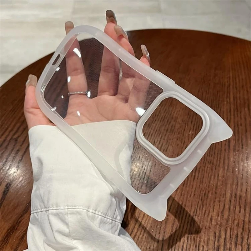 Funda de teléfono linda transparente con orejas de gato y correa colgante para iPhone 16 Pro Max 15 Pro Max 14 13, estilo coquette minimalista protectora 3