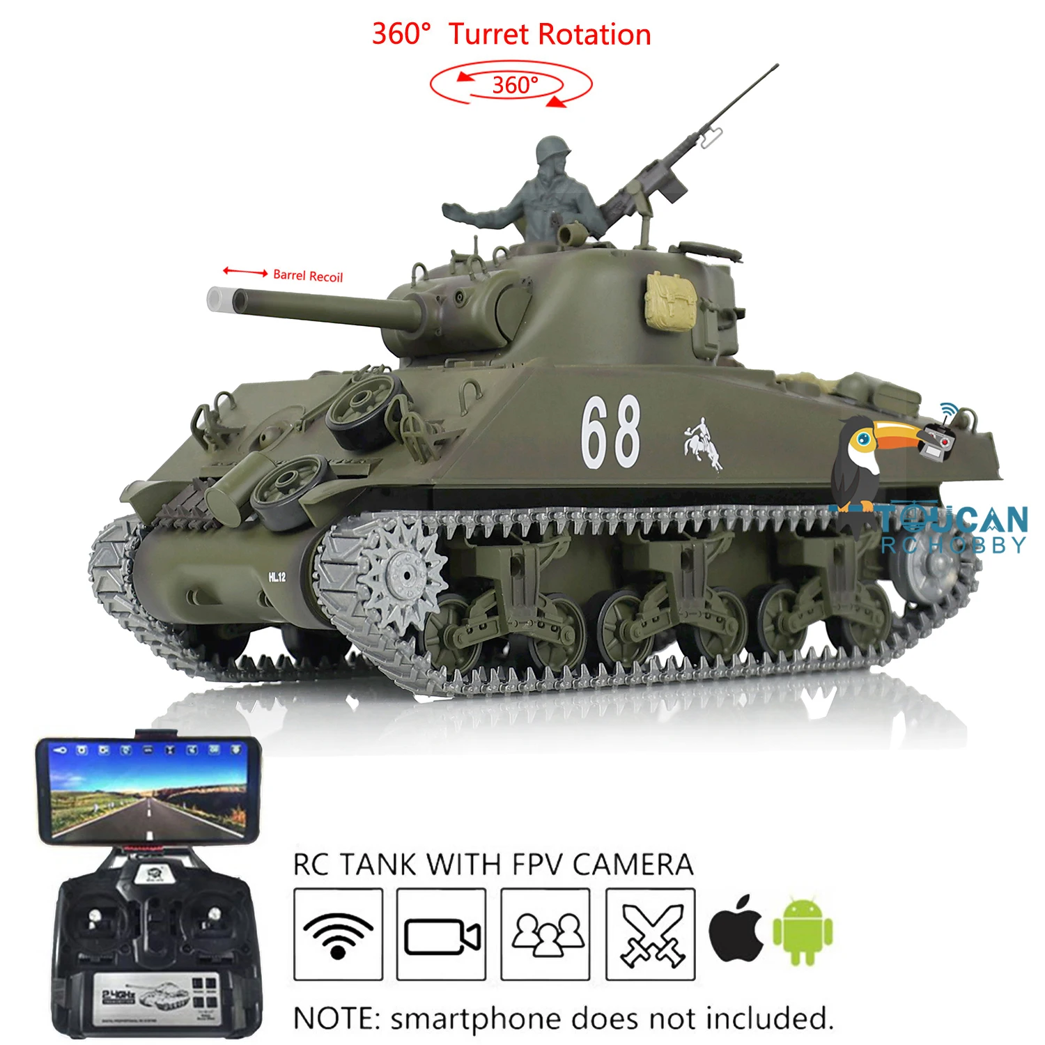 

Радиоуправляемый танк Henglong масштаба 1/16 FPV 7,0 M4A3 Sherman RTR 3898 360 ° Игрушка с инфракрасной боевой системой револьверной стволи TH17679