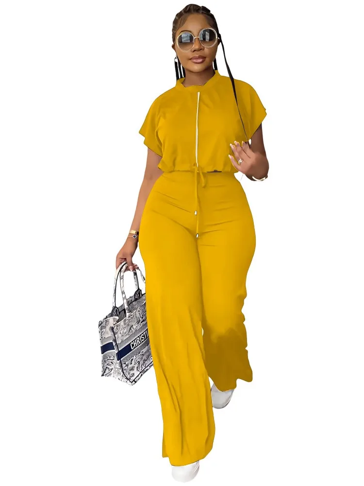 

Women Pants Sets Casual Round Neck Drawstring Short Sleeve Tops High Waist Trousers Summer Solid 2 Piece Sets Outfits Set Female