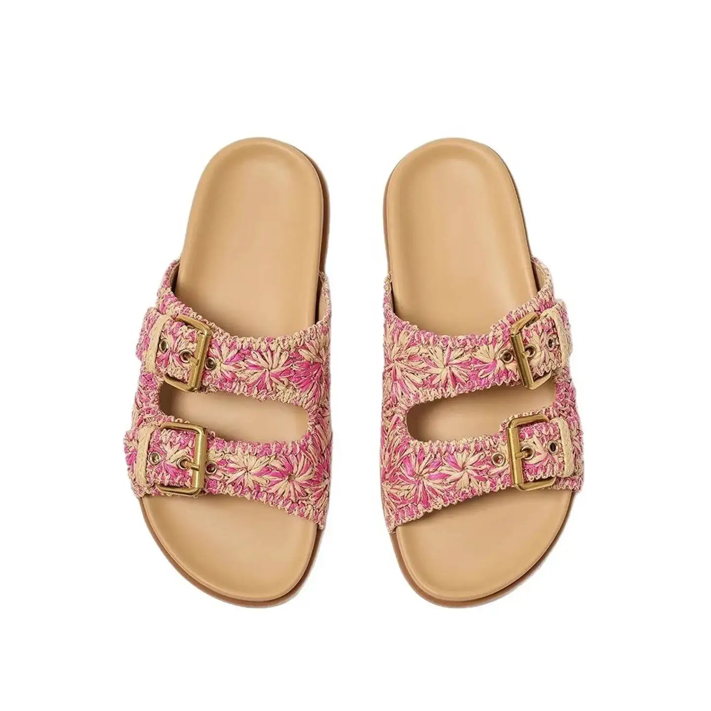 New Flat Slippers Women Straw Metal Buckle Sandals Plant Pattern Bohemian Female Outdoor Beach Shoes Handmade