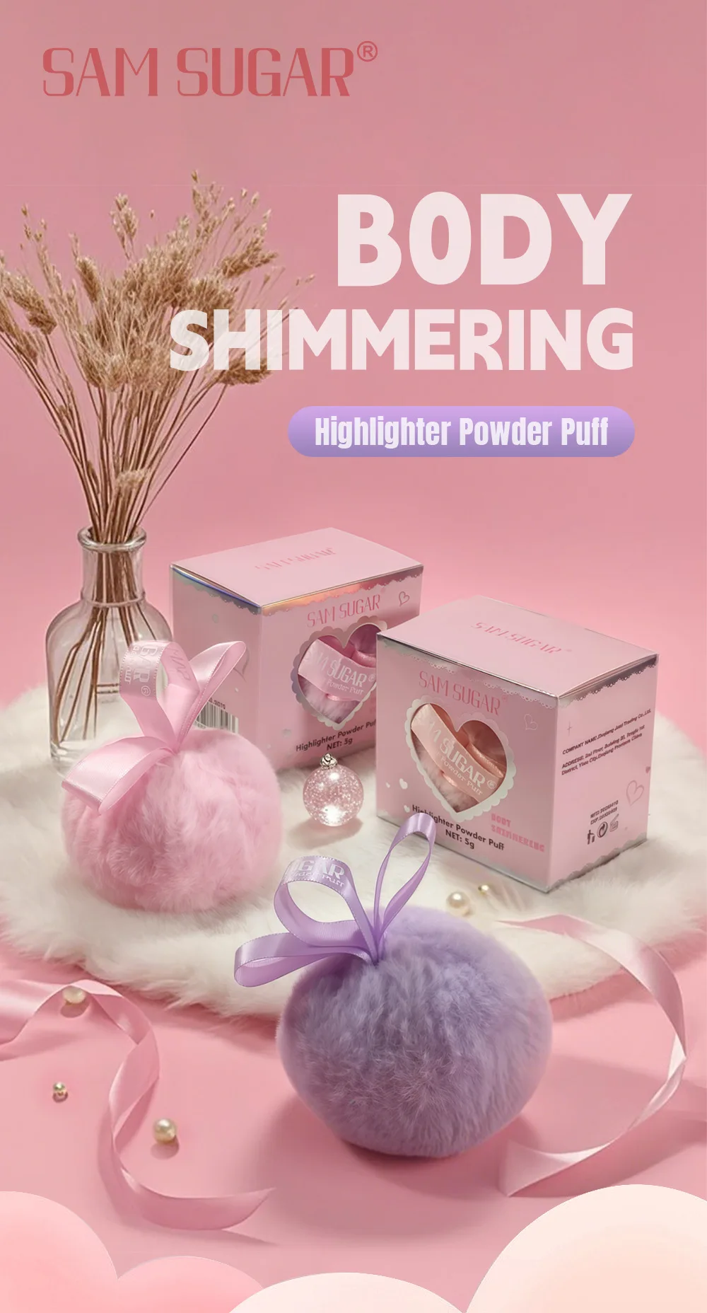 Pink Peach Shining Powder High Glitter Makeup For Face Body Collarbone Highlighting With Soft Puff Multi Use Cosmetic