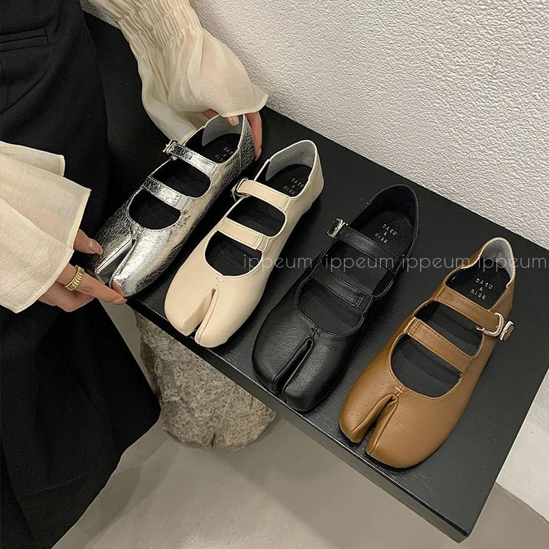 

IPPEUM Women Split Toe Shoes Ballet Flats Silver Belt Flat Mary Janes Cute Girl Fashion Shoes Balck Balerinas Mujer Elegantes