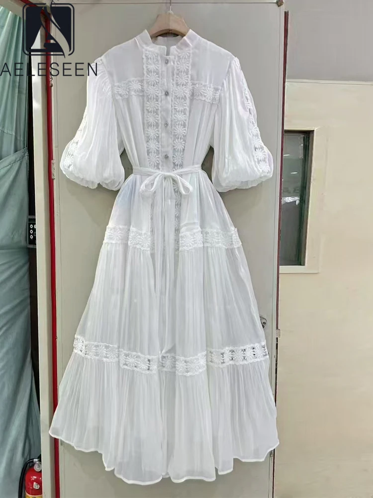 

AELESEEN Designer Fashion Loose Dress Women Spring Summer Puff Sleeve Lace Patchwork Flower Embroidery Belt Midi Casual Party