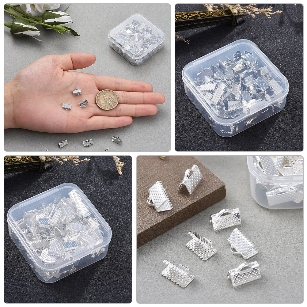 

100pcs durable Cord Ends For Jewelry Making Fold Over Crimp Clamps Ribbon Ending Clasps Components Storage Box Included