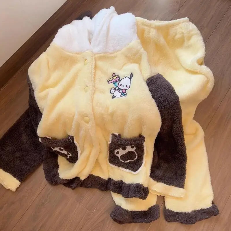 

Women's Cute Warm Fluffy Pajama Sets - Contrast Color Cartoon Embroidery Home Sleepwear for Ladies Cozy Loungewear Night Outfit
